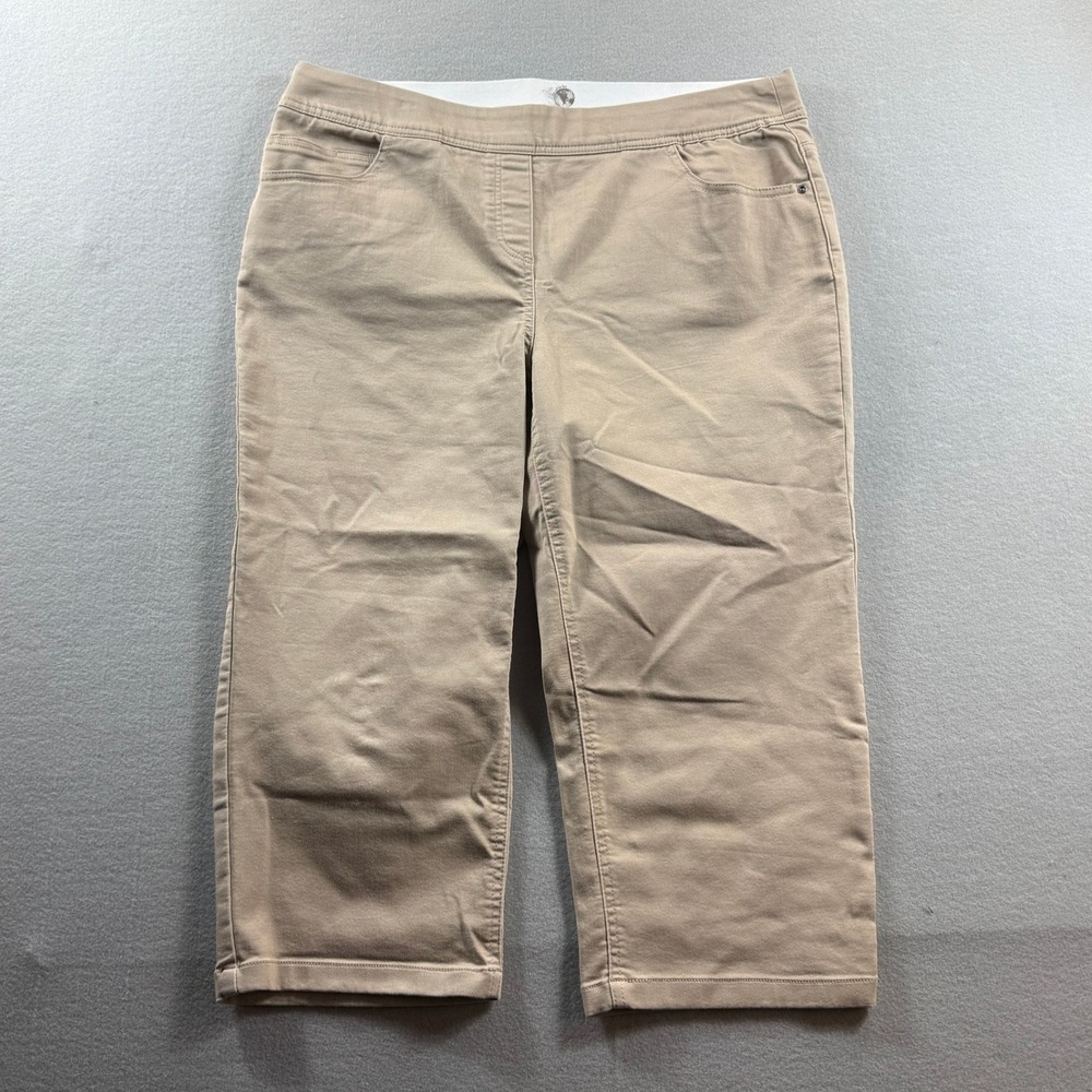 One World Crop Pants Women 1X Tan Elastic Waist Pull On Stretch